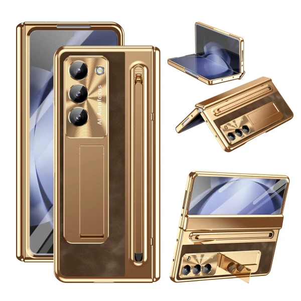 PU Leather Glass Film Pen Slot with Pen Stand Phone Case for Samsung Galaxy Z Fold 7 6 5 4 3 Fold6 Fold5 Hinge Protection Cover 10
