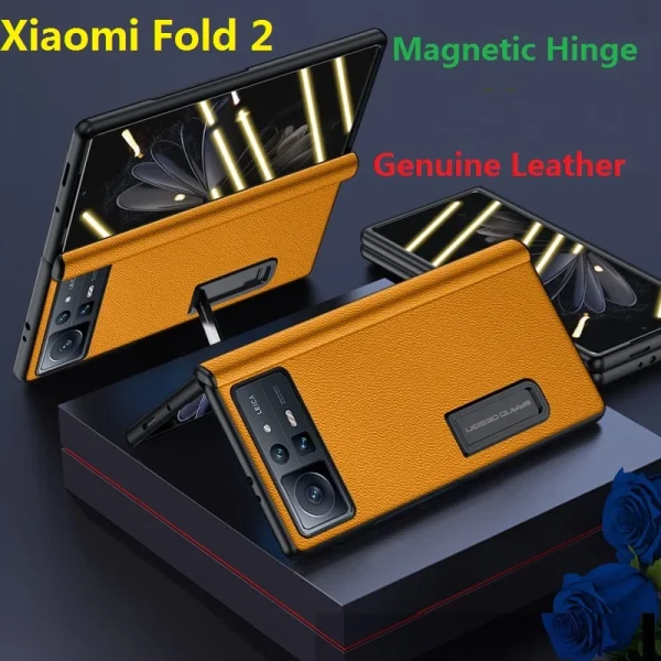 Genuine Leather For Xiaomi Mix Fold 2 Case Magnetic Bracket Hinge Protective Film Screen Cover 1