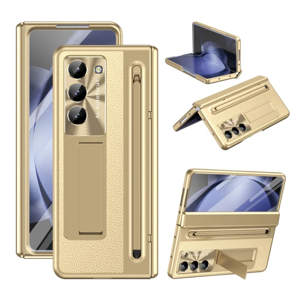 PU Leather Glass Film Pen Slot with Pen Stand Phone Case for Samsung Galaxy Z Fold 7 6 5 4 3 Fold6 Fold5 Hinge Protection Cover 7