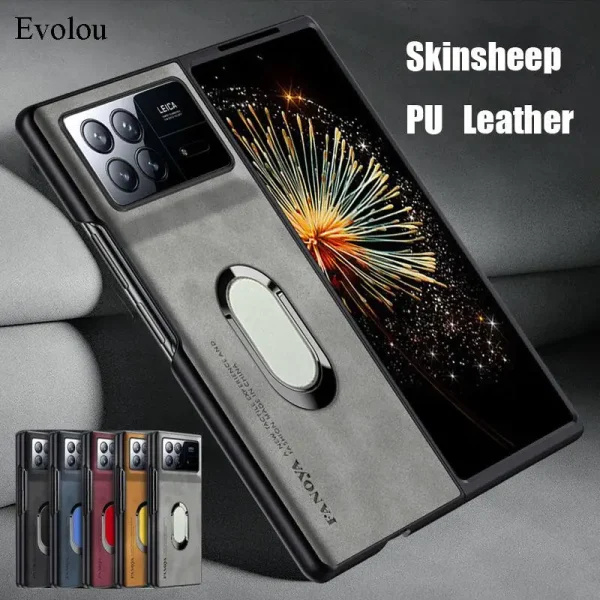 For Xiaomi Mix Fold 3 Sheepskin Leather Magnetic Ring Stand Holder Phone Case For Xiaomi Mix Fold4 2 Matte Lens Protection Cover 1