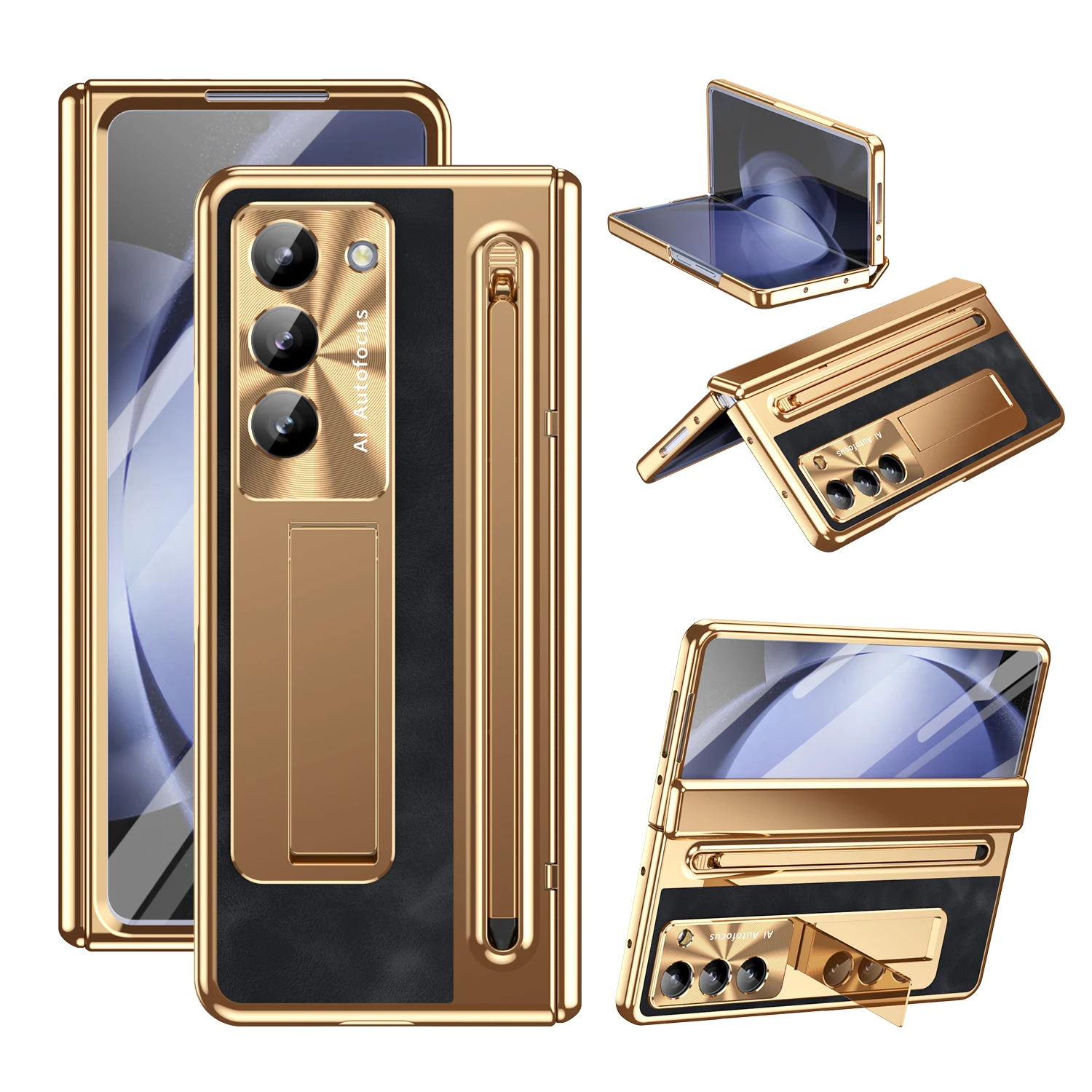 PU Leather Glass Film Pen Slot with Pen Stand Phone Case for Samsung Galaxy Z Fold 7 6 5 4 3 Fold6 Fold5 Hinge Protection Cover 1