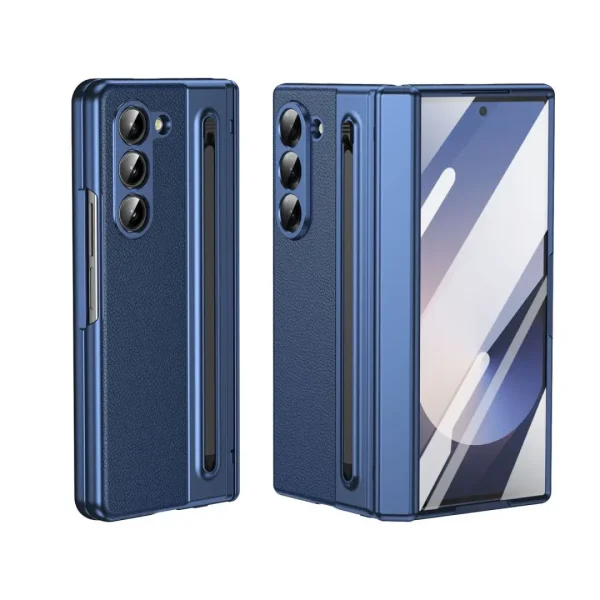 S Pen Phone Case for Galaxy Z Fold6 Fold7 Hinge Protection & Built-in Screen Protector Leather Phone Cover for Fold4 Fold5 Blue 7